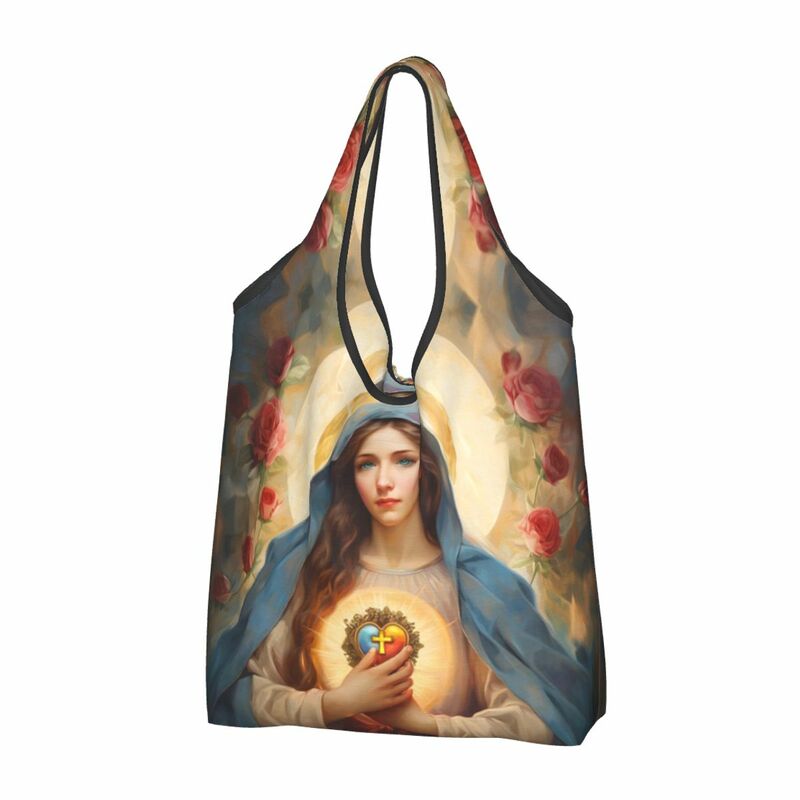 Immaculate Heart Of Mary Catholic Grocery Bag Foldable Machine Washable Jesus Christ Saint Shopping Bag Large Eco Storage Bag