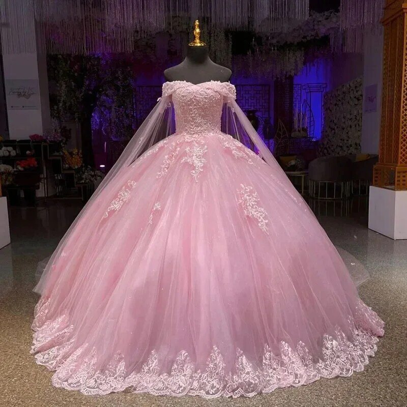 Vestido de baile rosa fora do ombro com capa e apliques, vestidos de festa princesa, vestidos quinceanera, 15 anos, quente