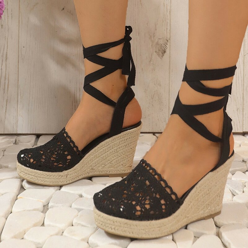 Summer Grass Woven Slope Heel High Heel Lace Sandals Ankle Strap 2024 New Simple and Fashionable Linen Woven Cross Strap
