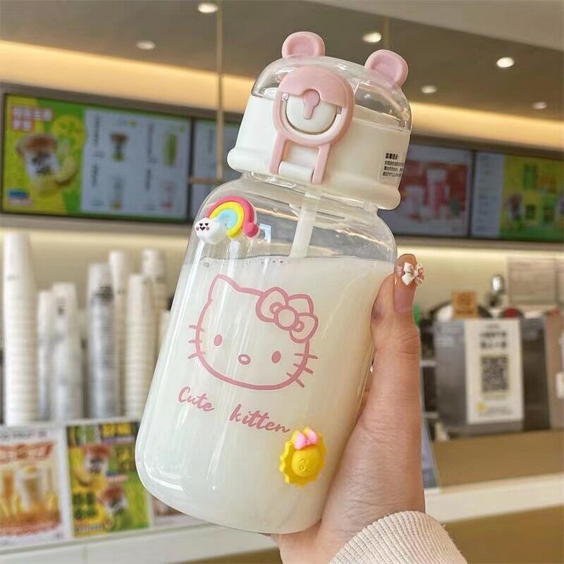 400Ml Sanrio Hello Kitty Waterfles Transparante Rieten Waterfles Diy Anime Kuromi Cinnamoroll Plastic Bekers Ding Cadeau