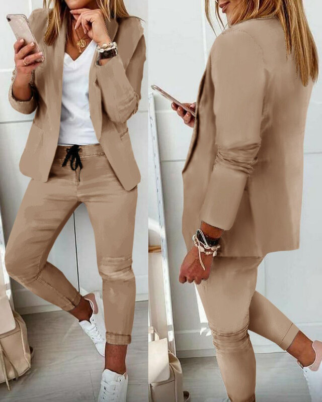 ชุดเสื้อเบลเซอร์แฟชั่น2ชิ้นสำหรับผู้หญิงชุดสูทกางเกงแบบผูกเชือกสำหรับฤดูใบไม้ร่วงและ2023