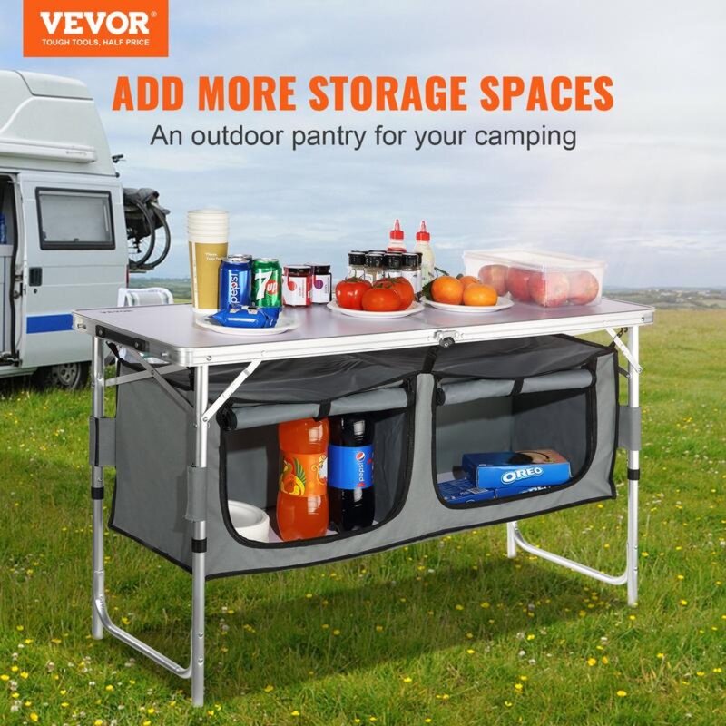 Mesa dobrável ao ar livre para cozinha, Quick Set-up mesa dobrável para Camping, 3 alturas ajustáveis