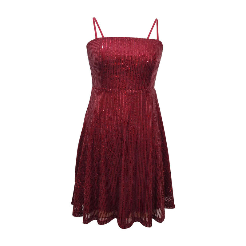 Women's Cocktail Dress Elegant Spaghetti Strap Red Glitter Sparkly Sequin Party Dress Vintage Sexy Prom Evening Dress For Female