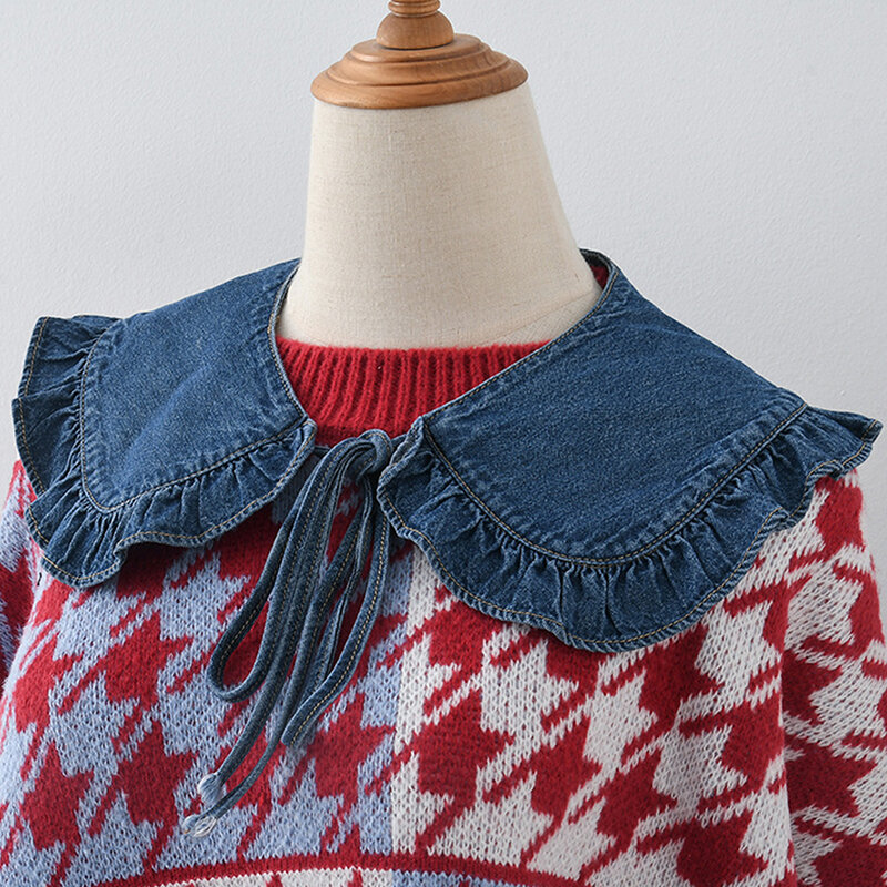 ปกผ้ายีนส์ผ้าคลุมไหล่สำหรับผู้หญิงพร้อมผ้าลูกไม้จีบคอปลอมทันสมัย
