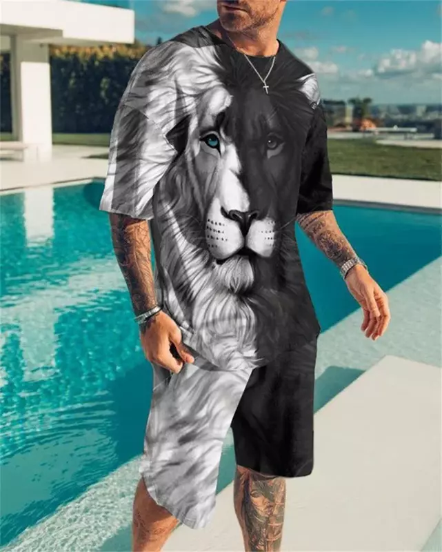 T-shirt e pantaloncini da uomo con stampa tigre animale 2 pezzi tuta sportiva oversize Casual Streetwear estate