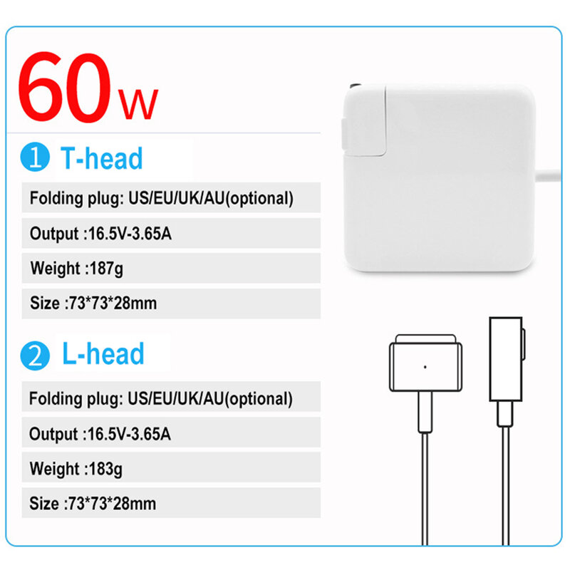 L/T 60W Charger For MacBook Air 13"15"17" A1181 A1184 A1330 A1278 A1342 for Mag* 2 14.85V 3.05A Laptop Power Adapter Charger