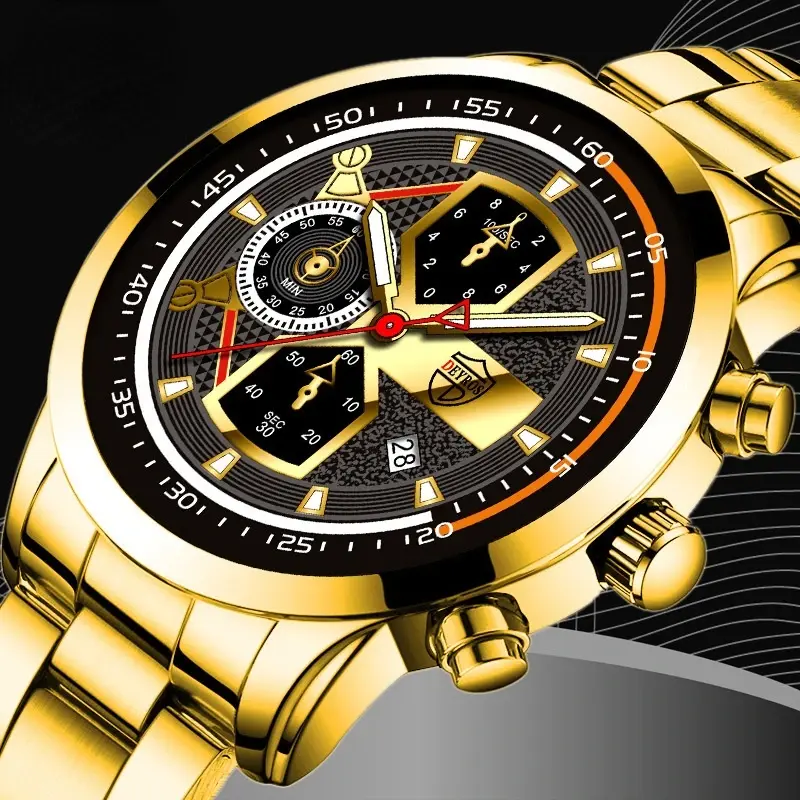 นาฬิกาสำหรับผู้ชายสุดหรูนาฬิกาเรืองแสงปฏิทินสีทองสำหรับผู้ชายนาฬิกาควอทซ์สแตนเลสแฟชั่นสุดหรู