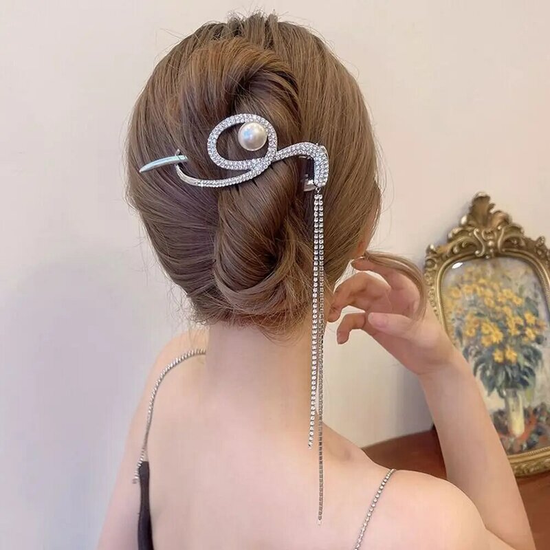 Аксессуар для волос Блестящий женский зажим для волос из сплава с блестящими искусственными жемчужинами в Корейском стиле
