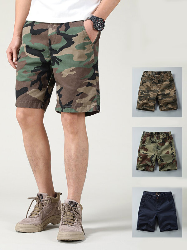 Letnie spodenki kamuflaż militarne dla mężczyzn proste miękkie bawełniana pościel do kolan spodnie Streetwear casualowe spodnie plażowe wojskowe