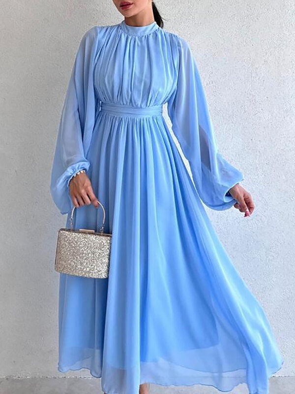 여성용 아름다운 원피스 하프 하이 칼라 플리츠 드레스, 긴팔 슬림, 우아한 블랙 쉬폰 원피스, 2024 여름