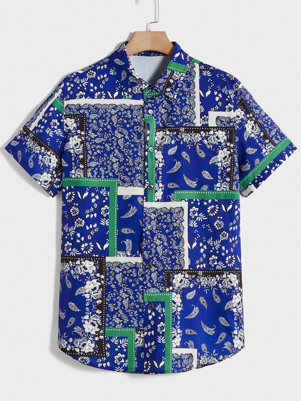 Men's Lapel Shirt Hawaiian Patchwork Print Design Women's Short Sleeve Beach Button-Down Shirt Top (باللغة الإنجليزية)