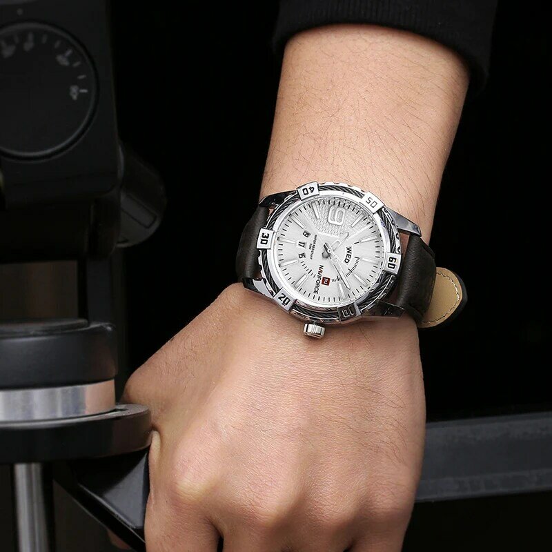NAVIFORCE-Relógio de pulso quartzo de couro impermeável masculino, relógios luminosos, esportes militares, marca de luxo, dia e data
