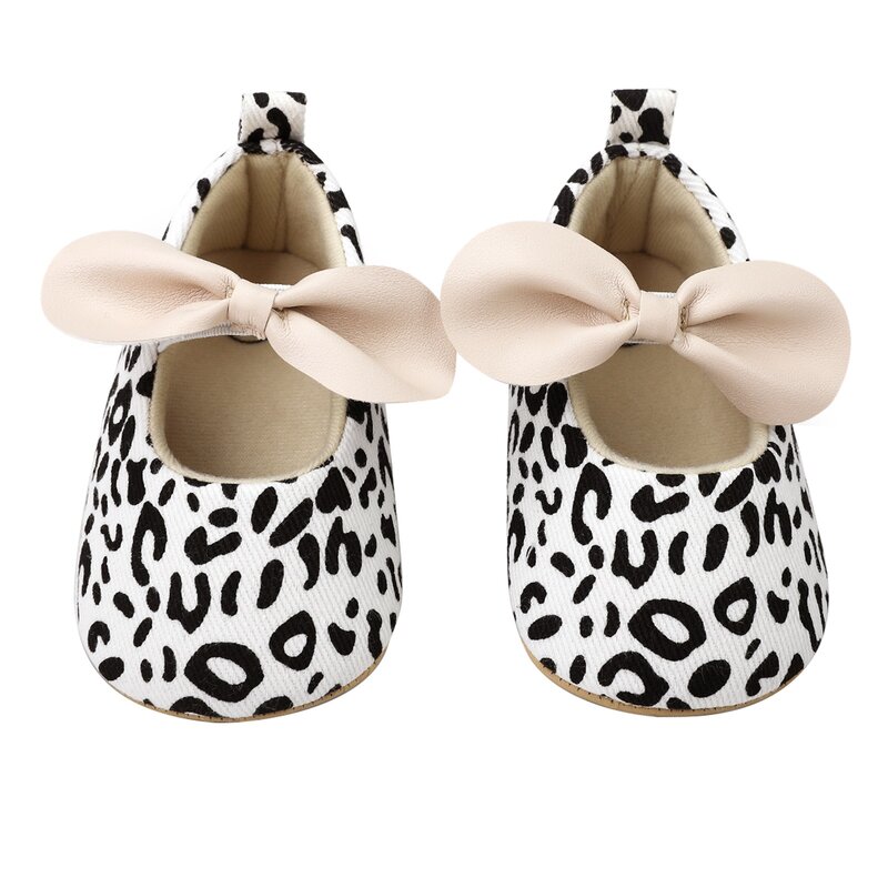 Bowknot Mary Jane Flats antiderrapantes para bebês, Princess Dress Shoes, Leopard Crib Shoes para bebês