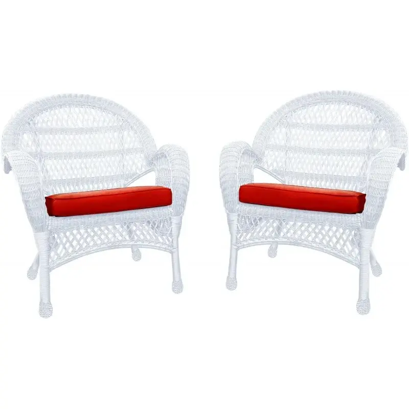 كرسي JECO-wicker مع وسادة حمراء ، مجموعة من 2 كرسي أبيض ، w00209