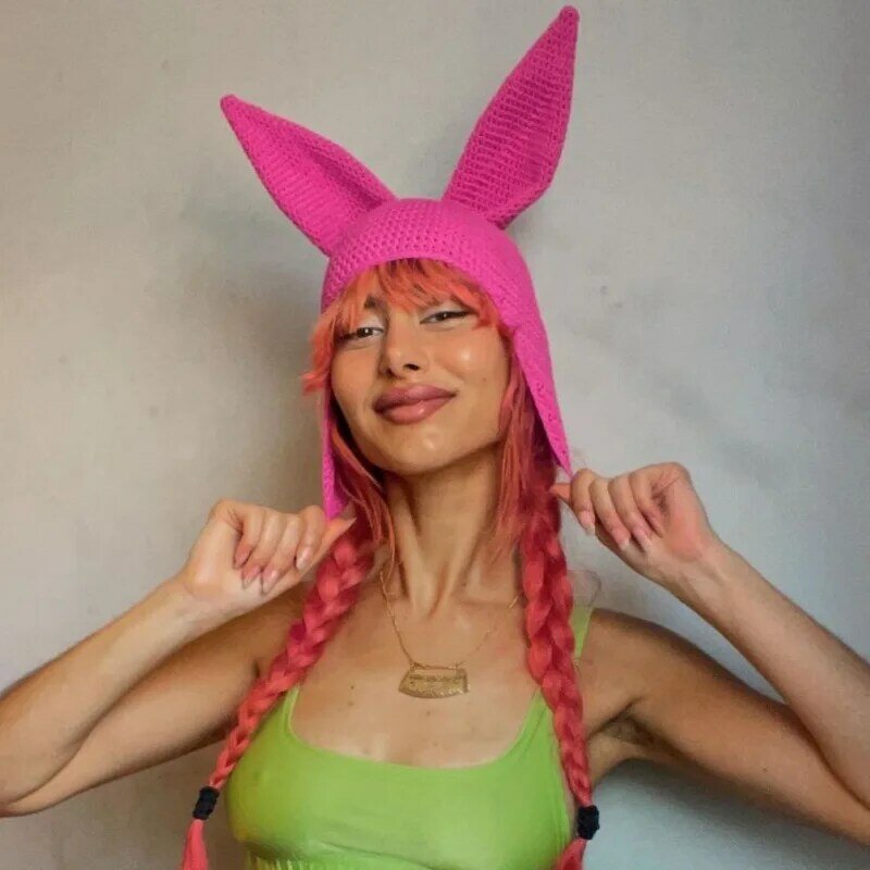 Topi rajut telinga kelinci merah muda baru 23 Cross border topi wol buatan tangan lucu set cosplay Halloween