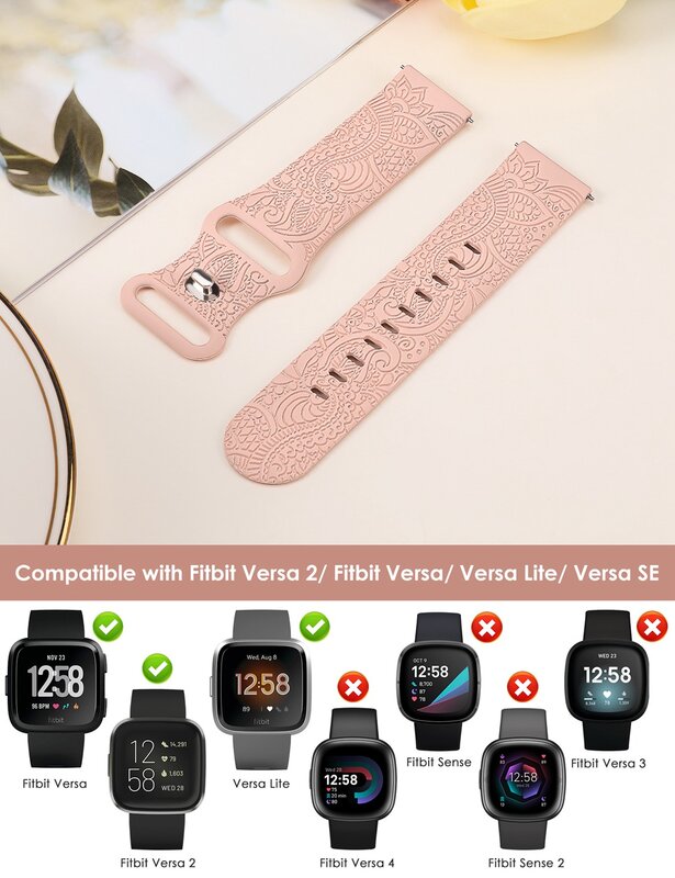 Wearlizer 꽃무늬 각인 밴드, Fitbit Versa 2, Versa, Versa Lite, 여성용 멋진 귀여운 실리콘 스포츠 스트랩