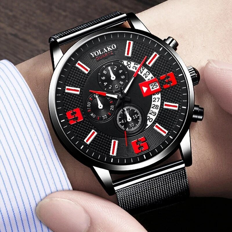 Reloj Hombre moda męska zegarki kalendarzowe biznes siatka ze stali nierdzewnej pasek kwarcowy zegarek męski zegar Masculino
