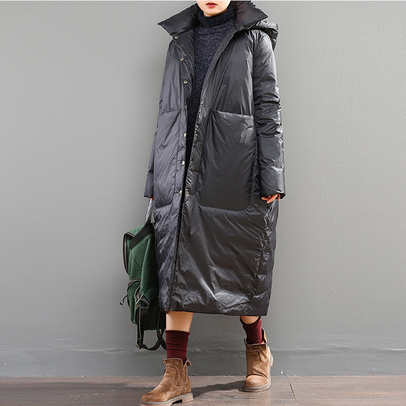 여성용 롱 루즈한 대형 포켓 다운 코트, 따뜻한 화이트 덕 다운 코트, 겨울 신상