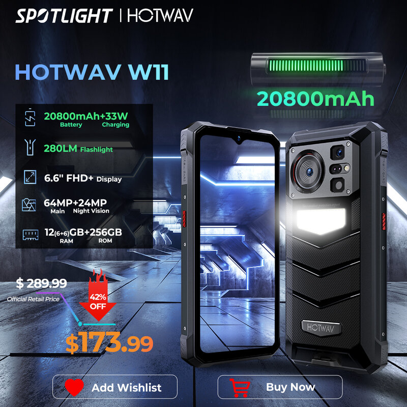 [World Premeire] HOTWAV W11 Rugged Phone 20800mAh 280LM Flashlight 6.6'' FHD+ Smartphone 33W 24MP Night Vision Mobile Phone