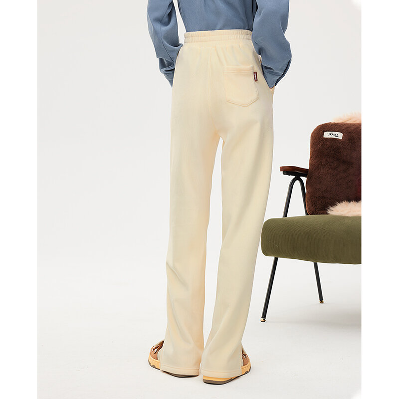 Toyouth Women Corduroy Pants 2022 Winter Fleece Elastic Waist Loose Trousers Vented Hem Warm Chic Casual Streetwear Long Pants