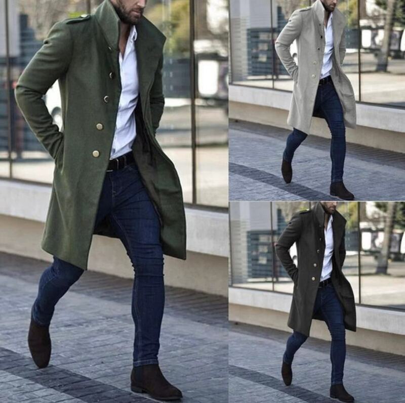 VOLALO-abrigo de lana para hombre, chaqueta gruesa de invierno con cuello vuelto, abrigo informal de un solo pecho, abrigo largo de lana, abrigo negro