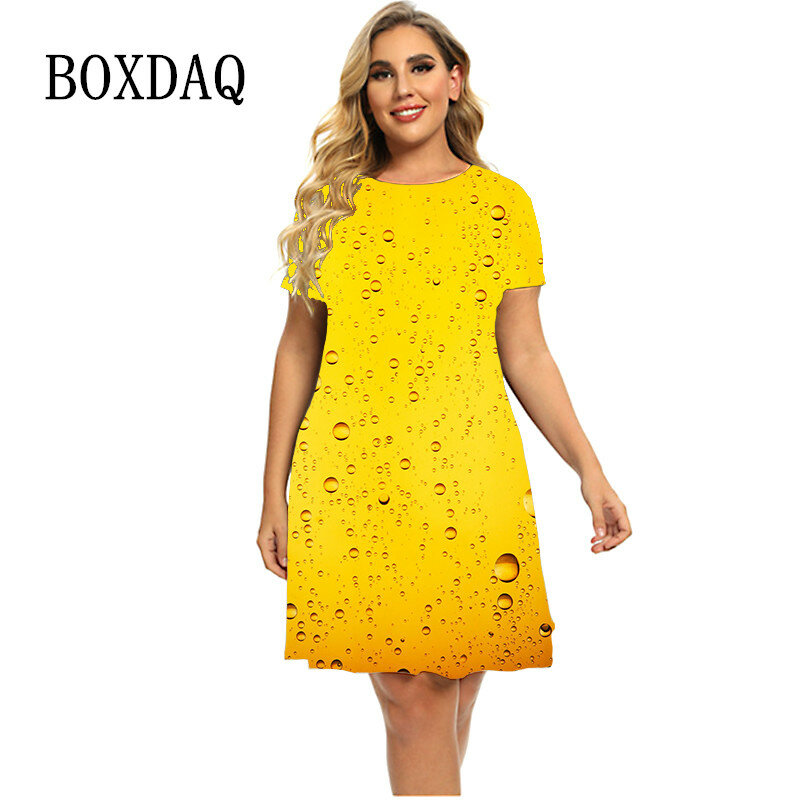 2023 New Summer Fashion Beer 3D Printing Pattern Dress Women Cool Short Sleeve Dress Casual Loose Plus Size Clothing 4XL 5XL 6XL