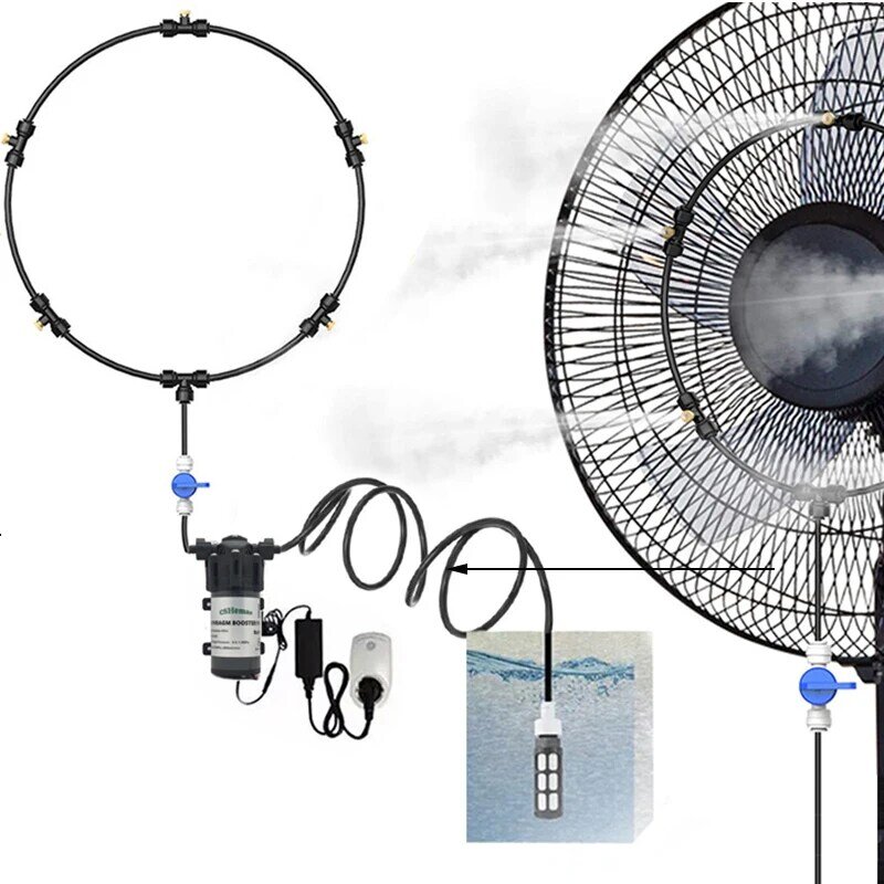 Free Shipping Portable Misting Kit For Fan with 5pcs Brass Sprinkler Nozzles and 1pc Mini Quiet Pump for Misting Cooling System