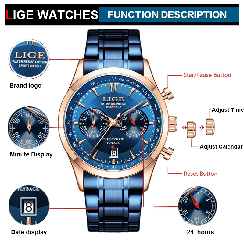 Lige Luxus Mann Armbanduhr Geschäft Edelstahl Quarz Männer Uhr wasserdicht leuchtende Datum große Herren uhren Uhr Box