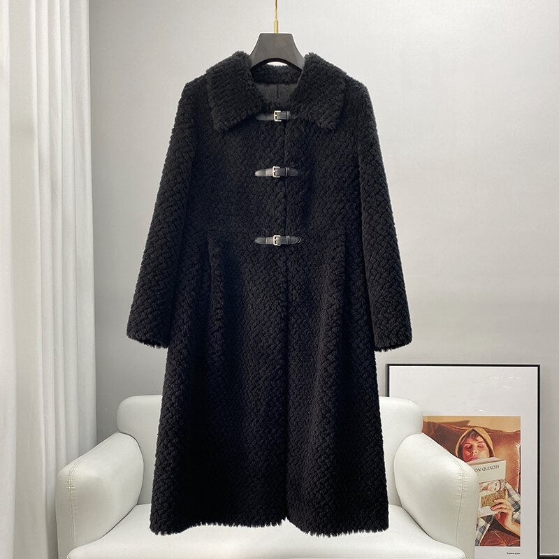 Aorice jaket desain kancing wanita, mantel panjang hangat bulu wol asli wanita musim dingin CT326
