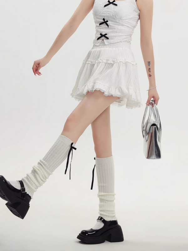 Minifalda Kawaii Lolita para mujer, faldas de cintura alta con volantes de encaje, estilo Preppy, moda coreana sólida