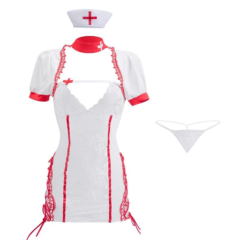 Seksowna strój pielęgniarki bielizna damska Deep-V z wydrążonymi koronkami przebranie na karnawał Sexy bielizna porno zestaw dla do odgrywania ról
