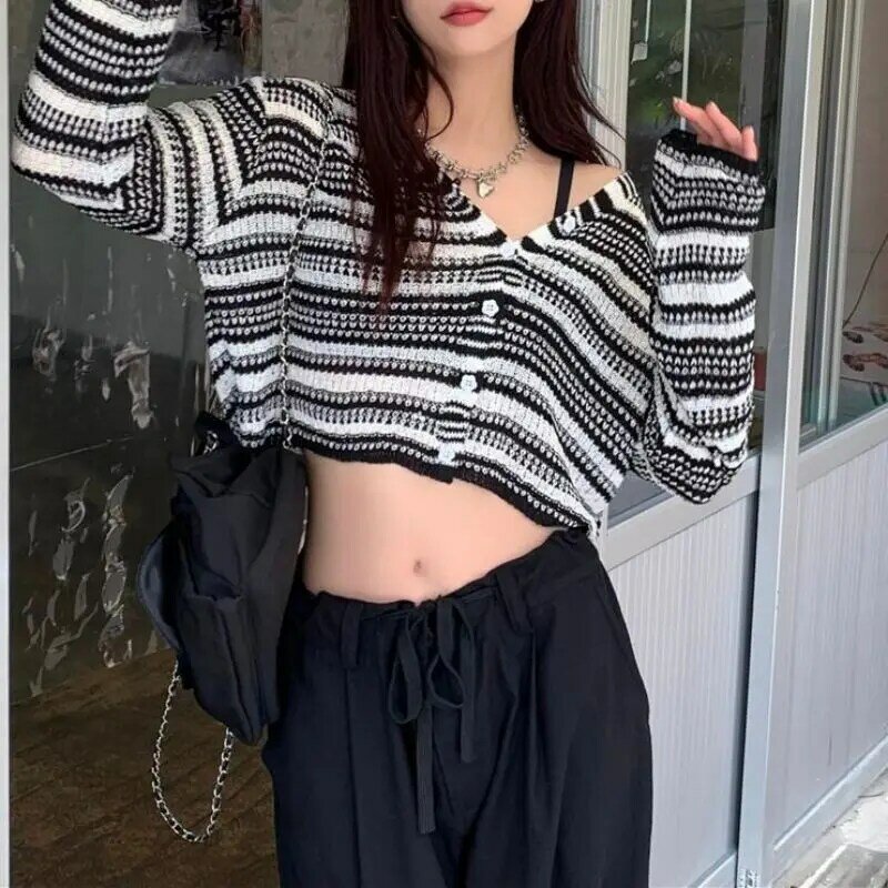 Hong Kong Style Vintage Stripe Knitted Cardigan Coat for Women Fall Thin Long Sleeve Sun Protection Sweater Loose Crop Top