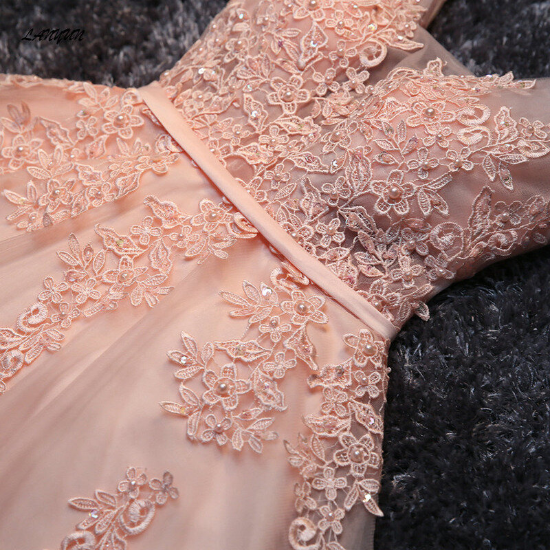 LANMU gaun Prom seksi merah muda mutiara elegan gaun manik-manik applique leher V pendek gaun pesta wisuda panjang selutut renda