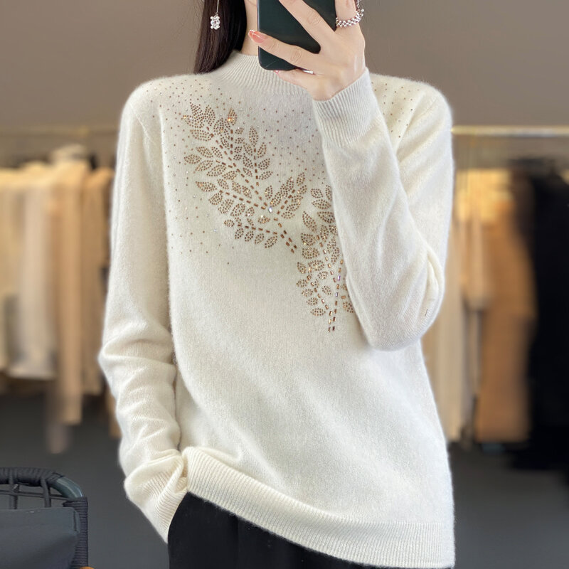 Women's Pullover Pure Woolen Sweater Slim Fit Hot Diamond Knitted Thick and Warm 2024 Autumn/Winter New Half High CollarCashmere