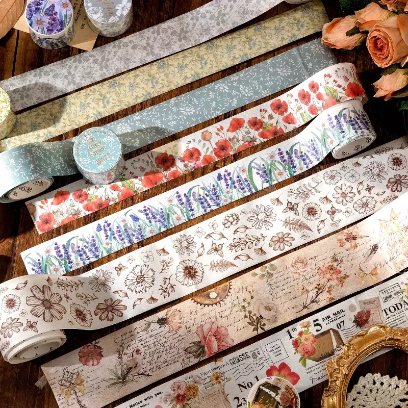 30mm/50mm*2m Vintage Plant Flowers Stickers Washi Tapes DIY Scrapbooking Decorate Junk Journal Collage Stationery Craft Tapes