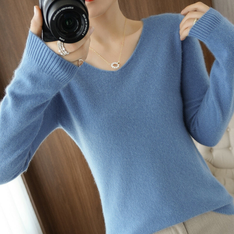 Suéter de Cachemira de lana pura para mujer, jersey con cuello en V, tops de punto informales, chaqueta regular de color sólido, 100%
