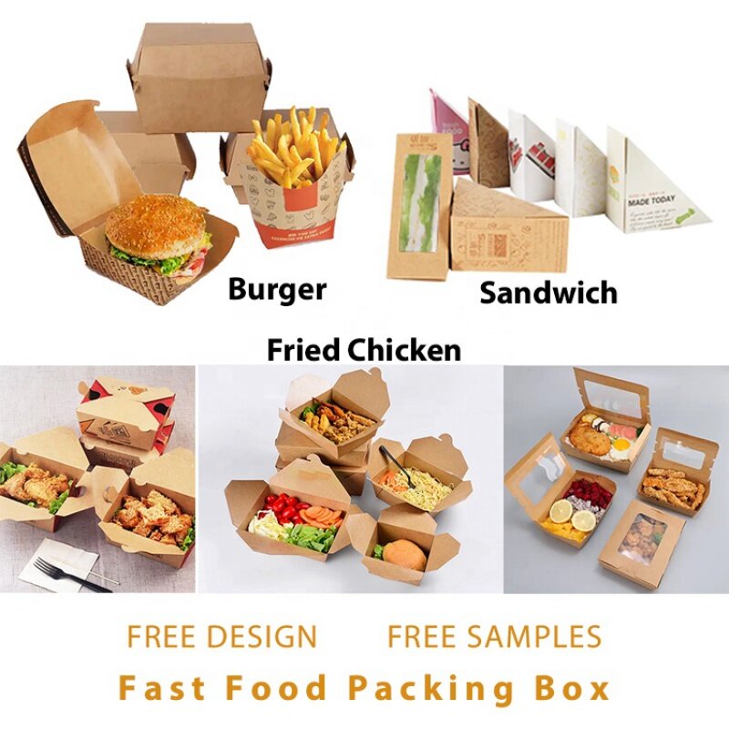 Caixas de papel, personalizado impresso reciclado, levar embora, batatas fritas, fast food, hambúrguer, embalagem de hambúrguer