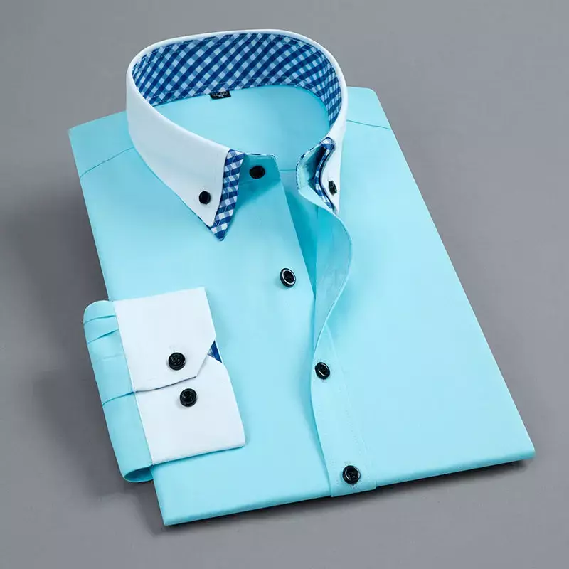 Camisa de vestir de manga larga para hombre, Camisa Formal de negocios de doble capa sin hierro, ajuste Regular, para oficina, a la moda, color blanco y azul