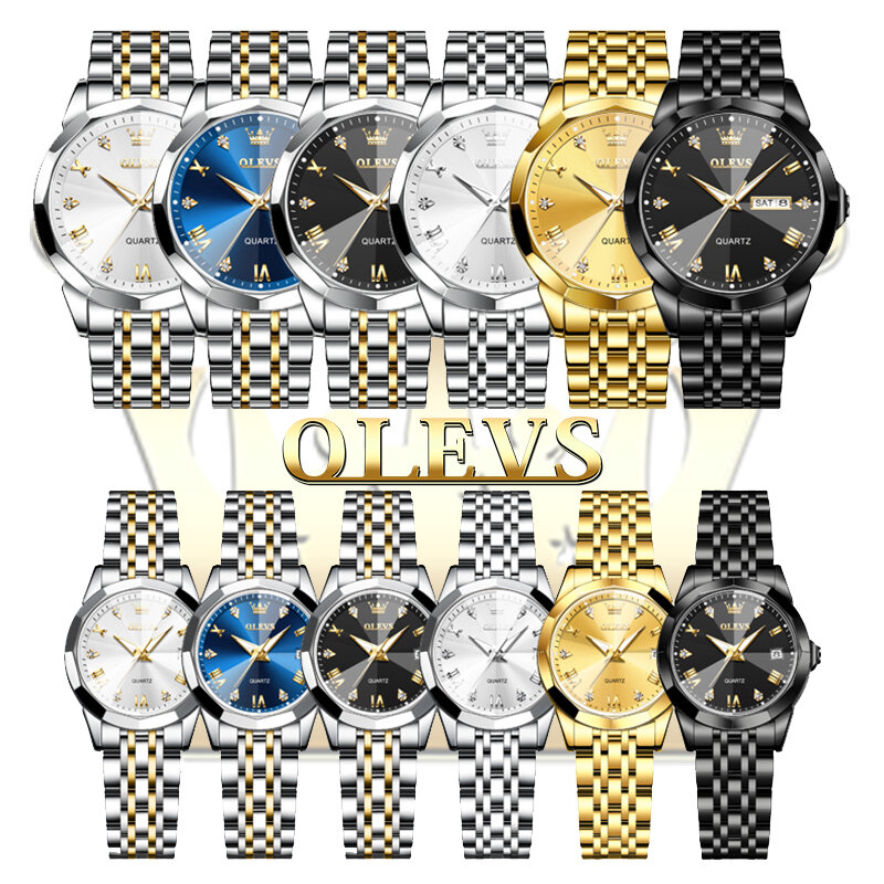 OLEVS-Relógio de pulso quartzo impermeável masculino e feminino, relógios casal, luxo, original, luminoso, espelho losango, data semana, his and her