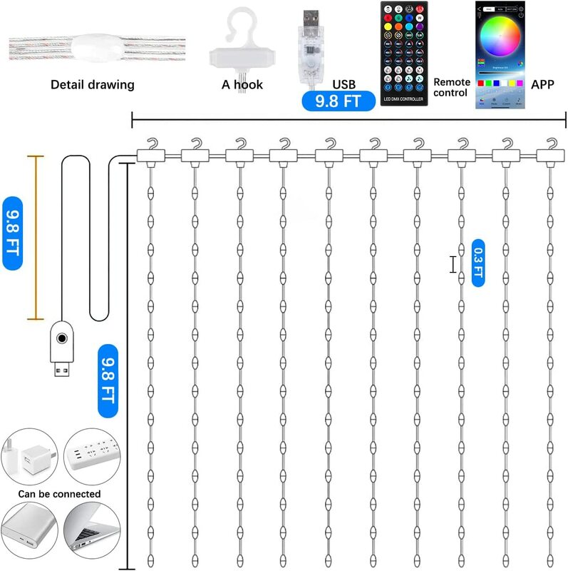 RGB 스마트 LED 스트링 조명, 크리스마스 장식 앱 원격 USB 화환 커튼, 요정 램프, 결혼식 휴일 침실 야외, 3M
