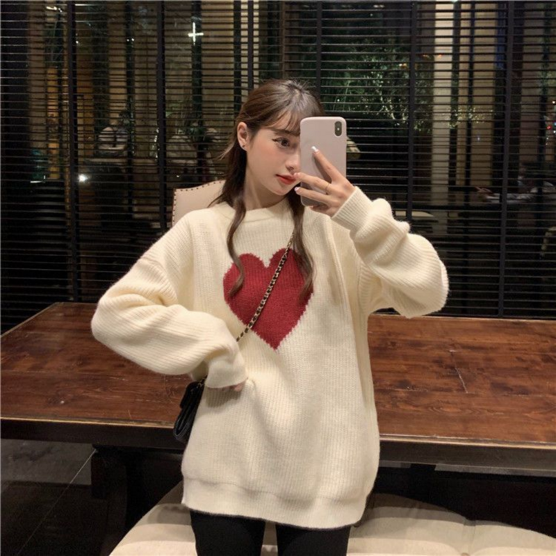 Zimowy nowy słodki wzór serca sweter w stylu Retro Harajuku z długim rękawem sweter luźny, dzianinowy swobodny sweter koreańska odzież