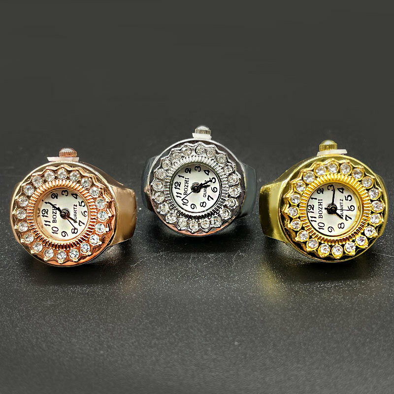 นิ้วมือควอตซ์นาฬิกาขนาดเล็ก Elastic Band นาฬิกาแหวนหญิงเครื่องประดับนาฬิกาผู้หญิงเพชร Inlay ทองคำสีกุหลาบแหวนนาฬิกา