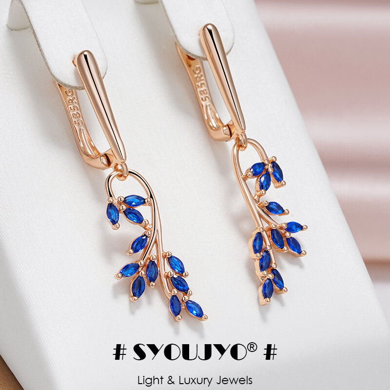 SYOUJYO anting-anting Juntai bentuk daun zirkon alami biru untuk wanita 585 anting-anting panjang warna Rose Gold hadiah pesta