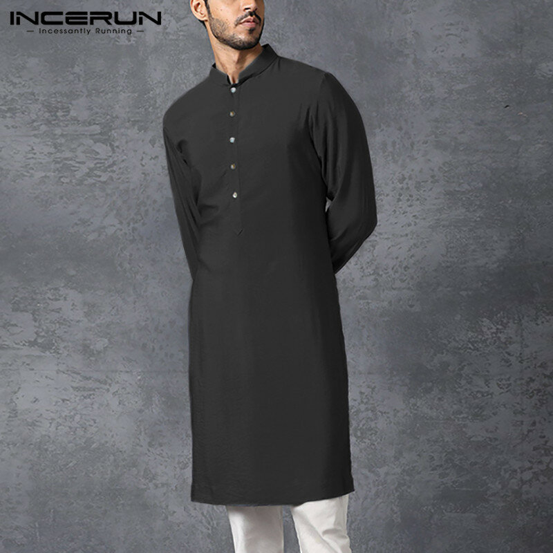 INCERUN camicia musulmana da uomo colletto alla coreana manica lunga caftano arabo islamico tinta unita Streetwear camicie lunghe Casual abbigliamento uomo 5XL