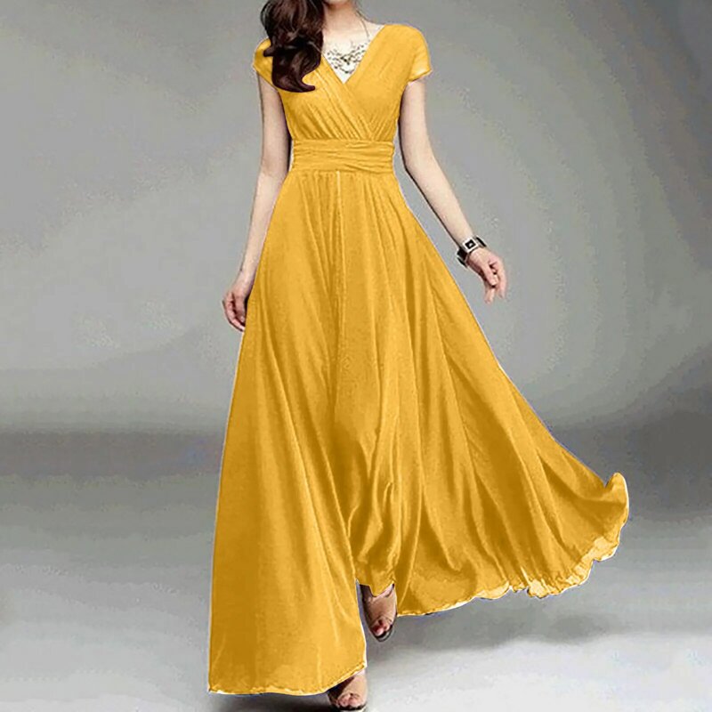 Wedding Guest Dresses For Women 2024 Summer V Neck Solid Color Short Sleeve Midi Dinner Long Maxi Dress Gown Party Dresses