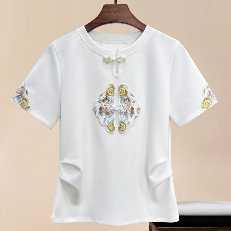 T-shirt z krótkim rękawem w stylu chińskim dla kobiet na lato nowa Retro klamra wysadzana wyszywany Top kobiet odzież Oversized T Shirt