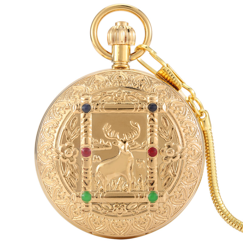Luksusowy złota miedź rzeźba Relief łoś automatyczny mechaniczny męski zegarek kieszonkowy typu wąż łańcuszek kieszonkowy z otwieranym wieczkiem z podwójnymi bokami
