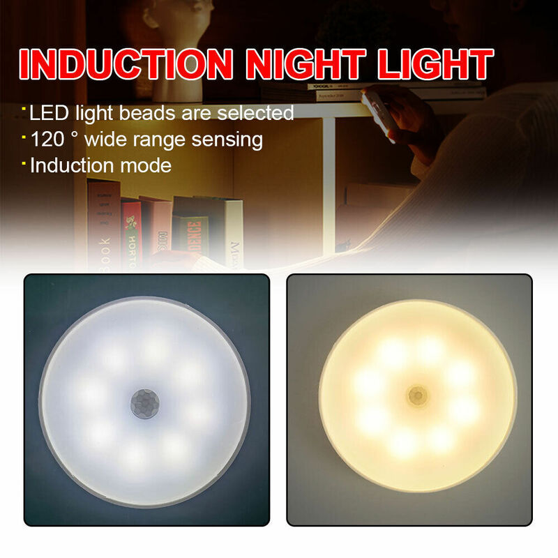 Luce del sensore di movimento luci notturne a Led rotonda USB ricaricabile armadio da cucina corridoio lampada da notte a parete luce di induzione intelligente