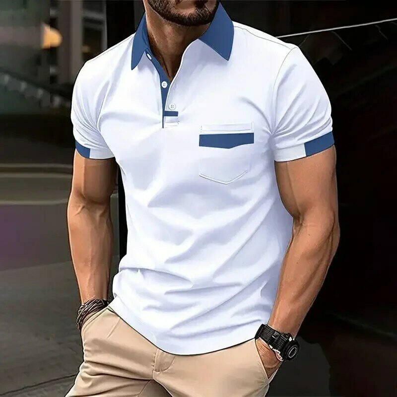 Camisa polo de manga curta masculina, combinando cores, botões de bolso, pulôver esportivo, casual de negócios, camisa viajante, verão