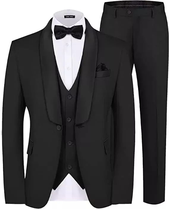 Setelan pakaian pria 3 potong, jas ramping satu kancing dengan kerah hitam cocok untuk pesta pernikahan Tuxedo, Set Blazer jaket rompi dengan celana